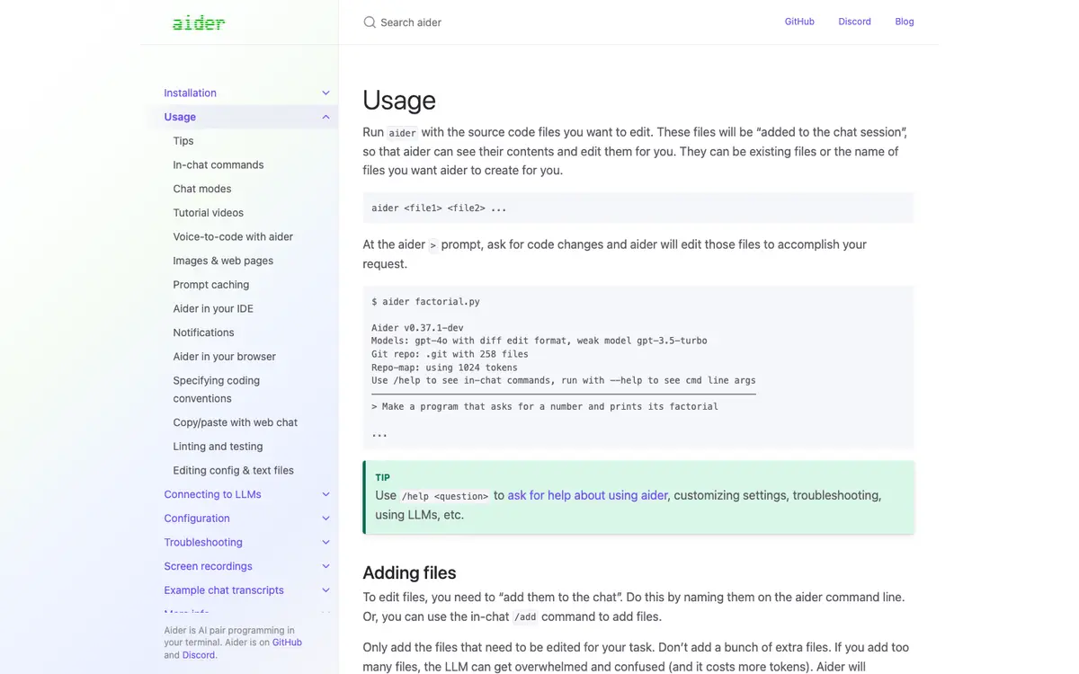 Aider docs screenshot