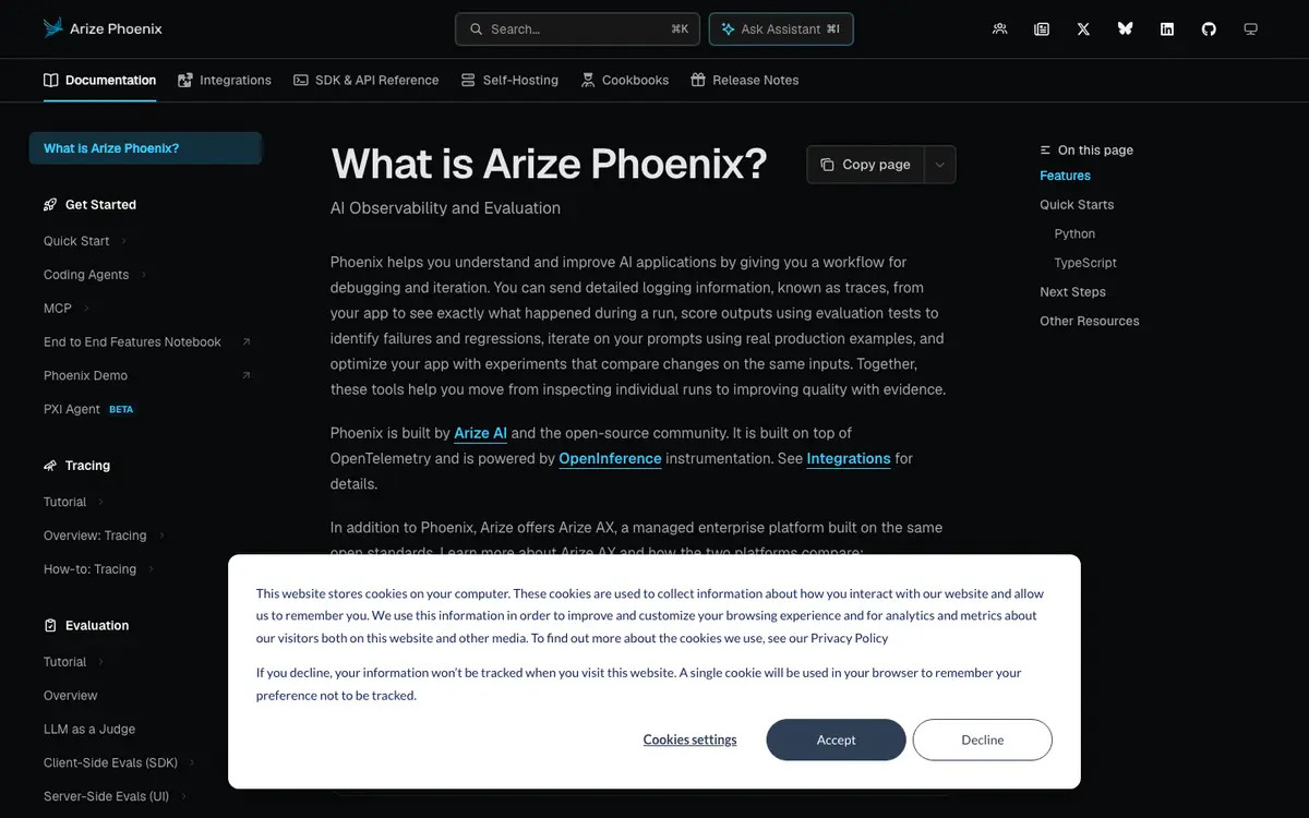 Arize Phoenix docs screenshot