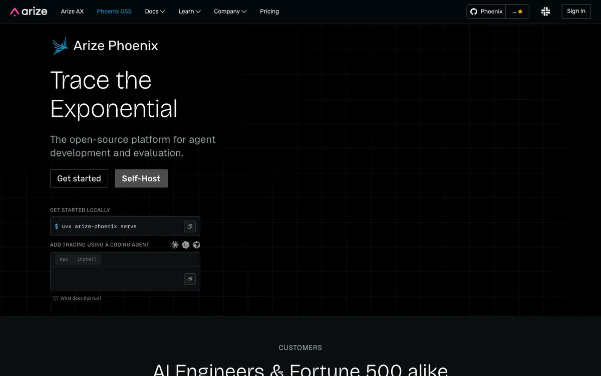 Arize Phoenix homepage screenshot