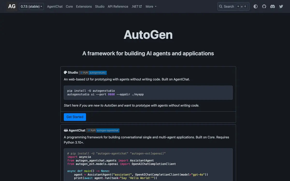 AutoGen homepage screenshot