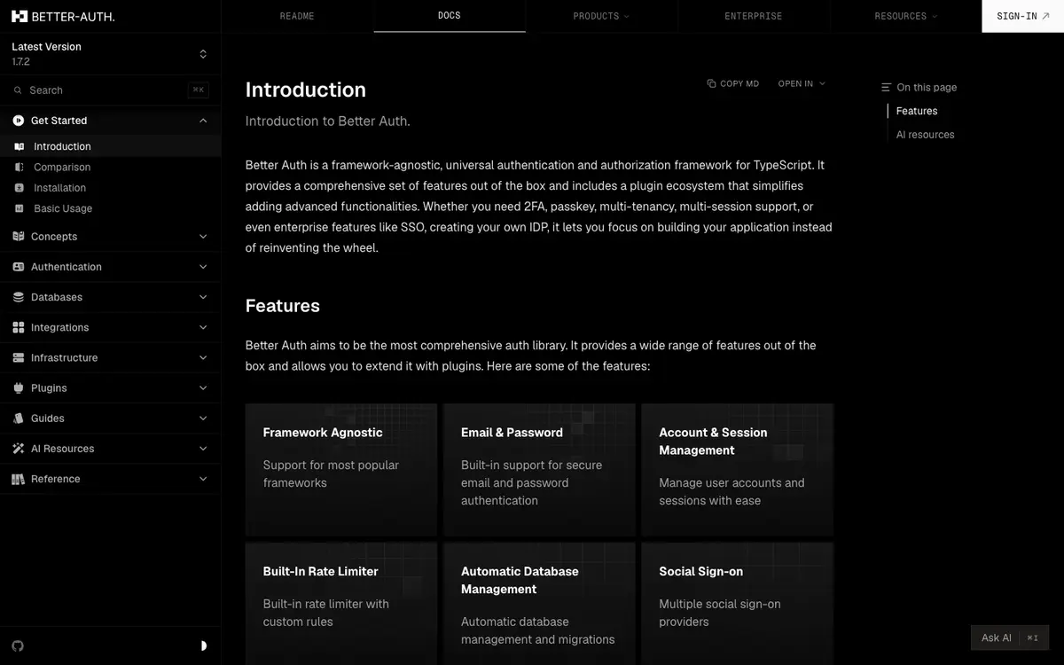 Better Auth docs screenshot