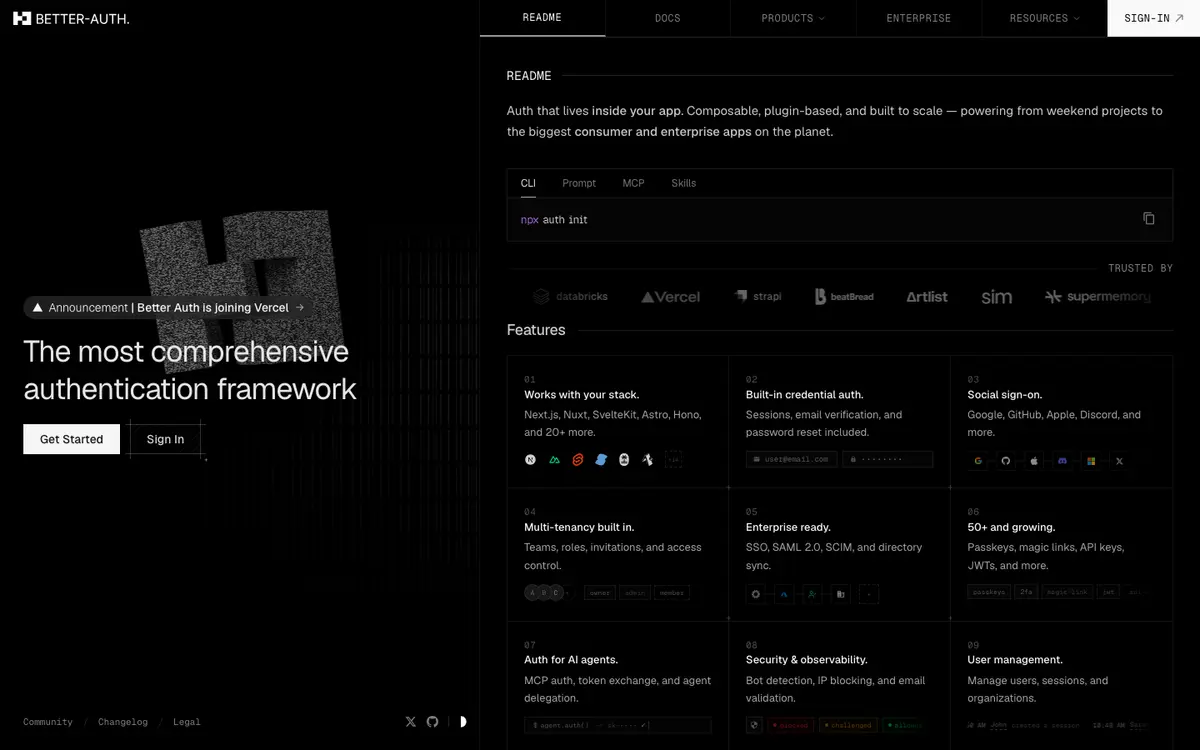Better Auth homepage screenshot