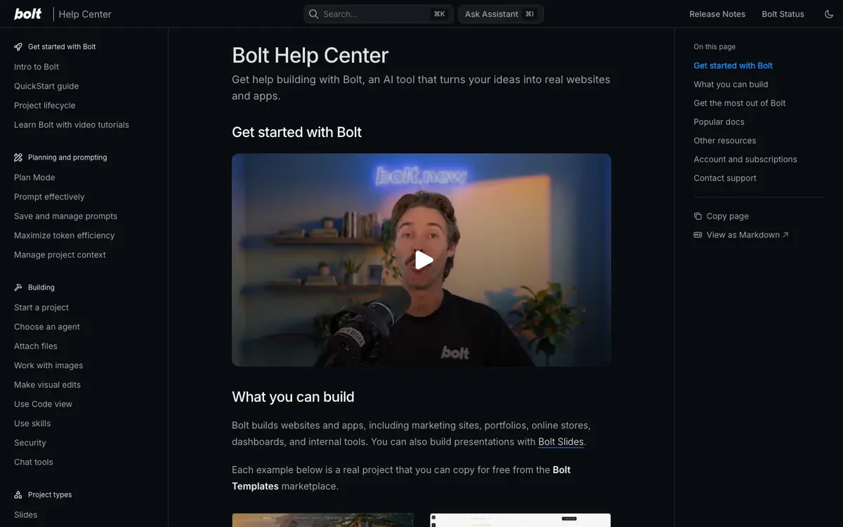 Bolt.new docs screenshot