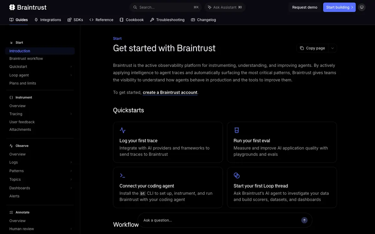 Braintrust docs screenshot