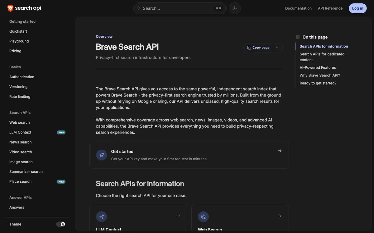 Brave Search API docs screenshot