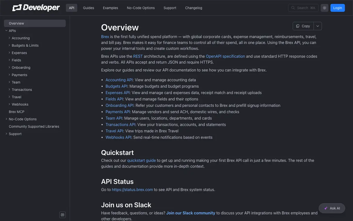 Brex docs screenshot