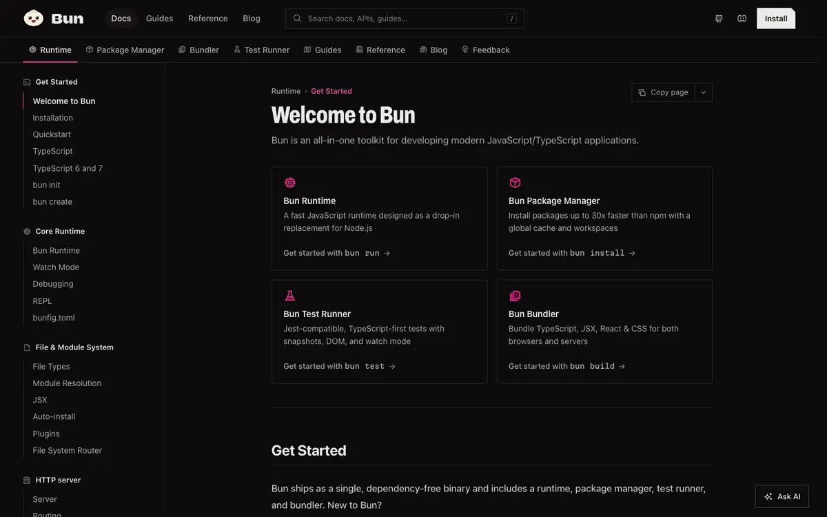 Bun (package manager) docs screenshot