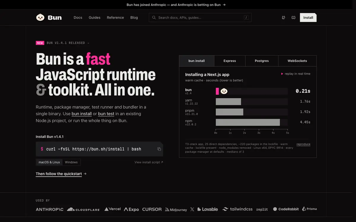Bun (package manager) homepage screenshot