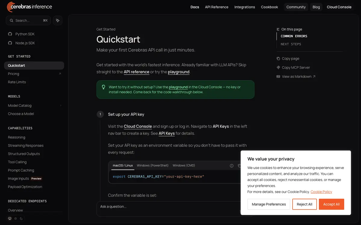 Cerebras Inference docs screenshot