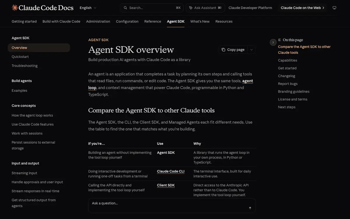 Claude Agent SDK docs screenshot
