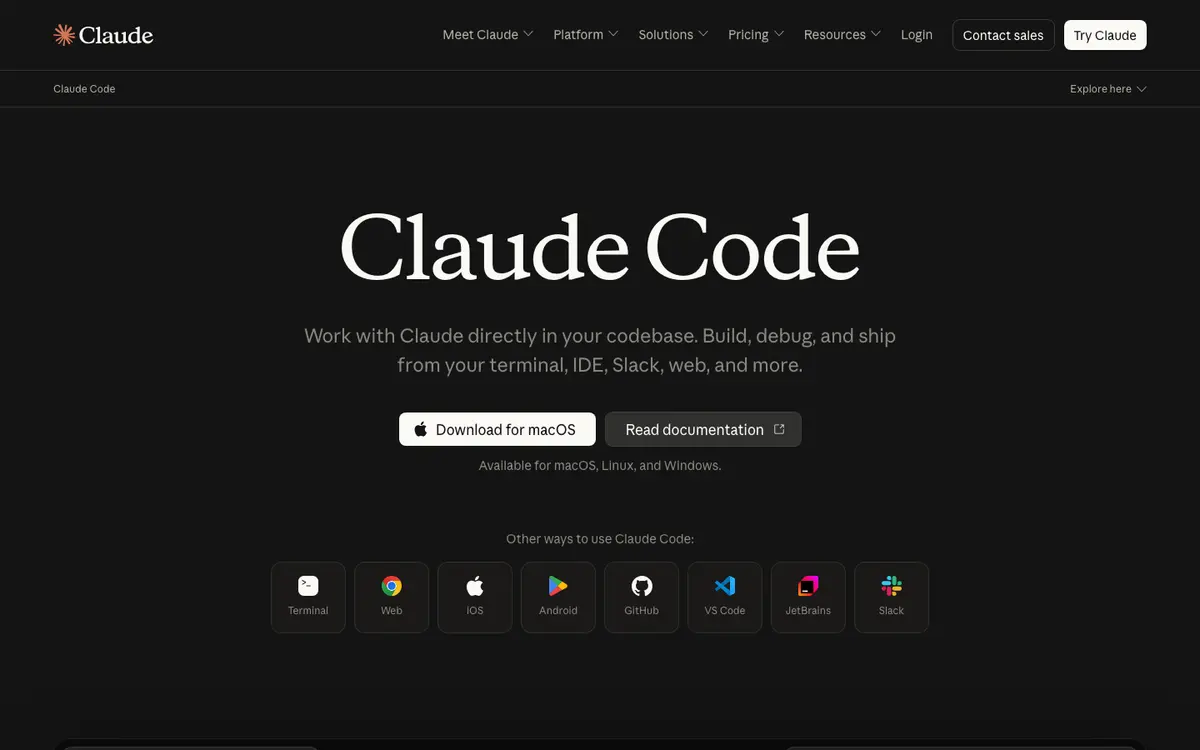 Claude Code homepage screenshot