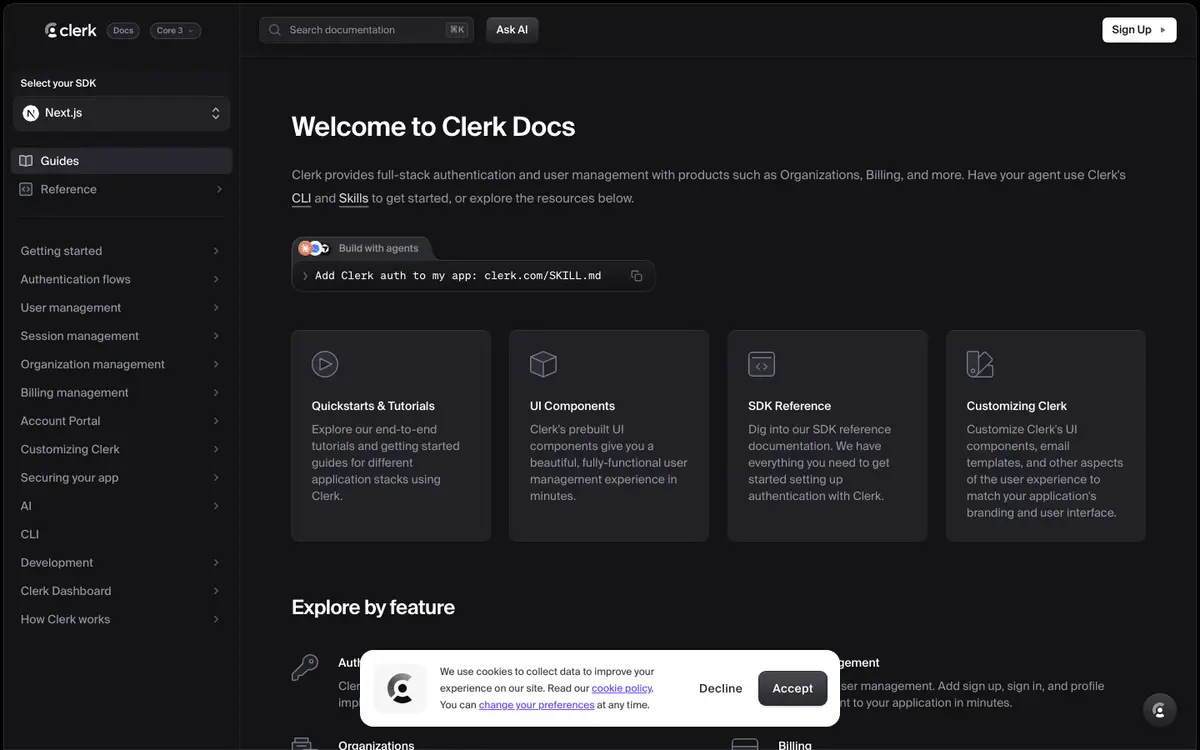 Clerk docs screenshot