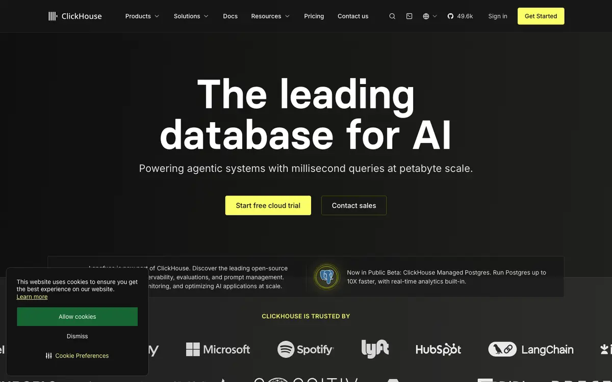 ClickHouse homepage screenshot