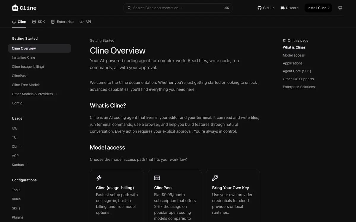 Cline docs screenshot