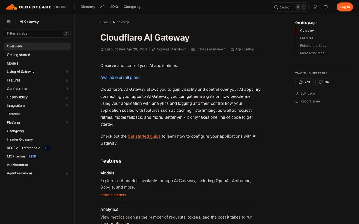 Cloudflare AI Gateway docs screenshot
