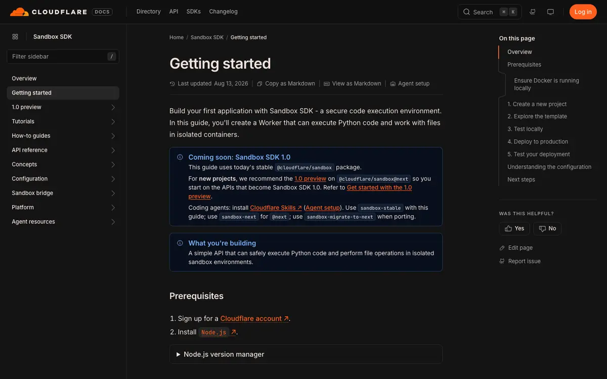 Cloudflare Sandboxes docs screenshot