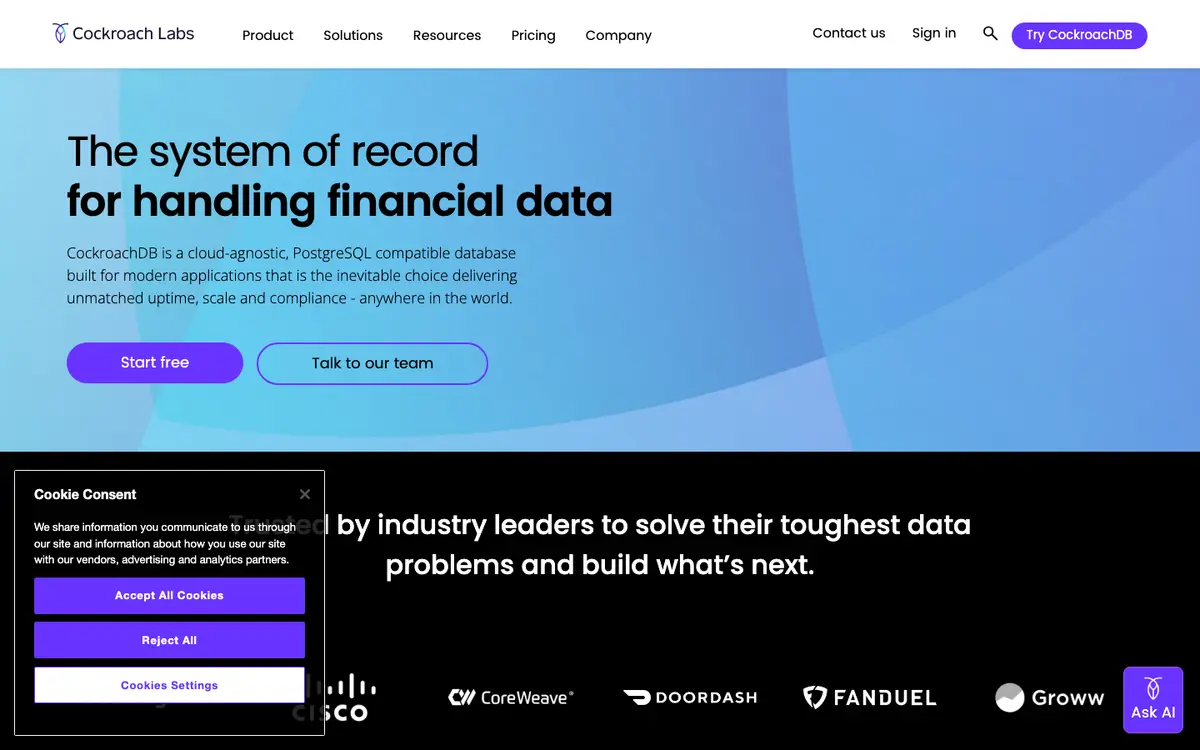 CockroachDB homepage screenshot
