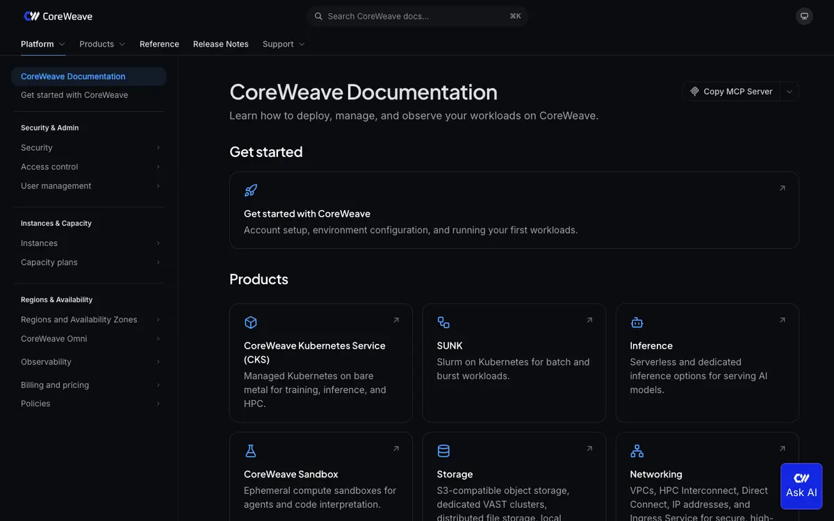 CoreWeave docs screenshot
