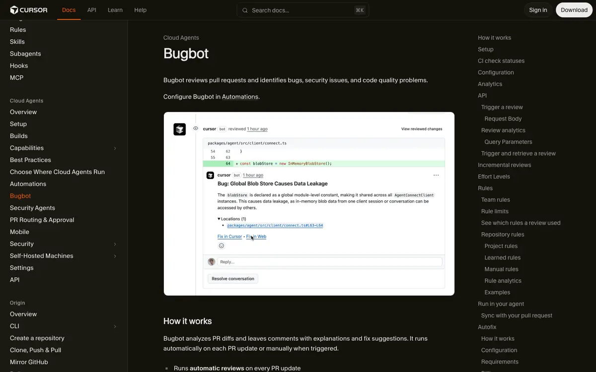 Cursor Bugbot docs screenshot