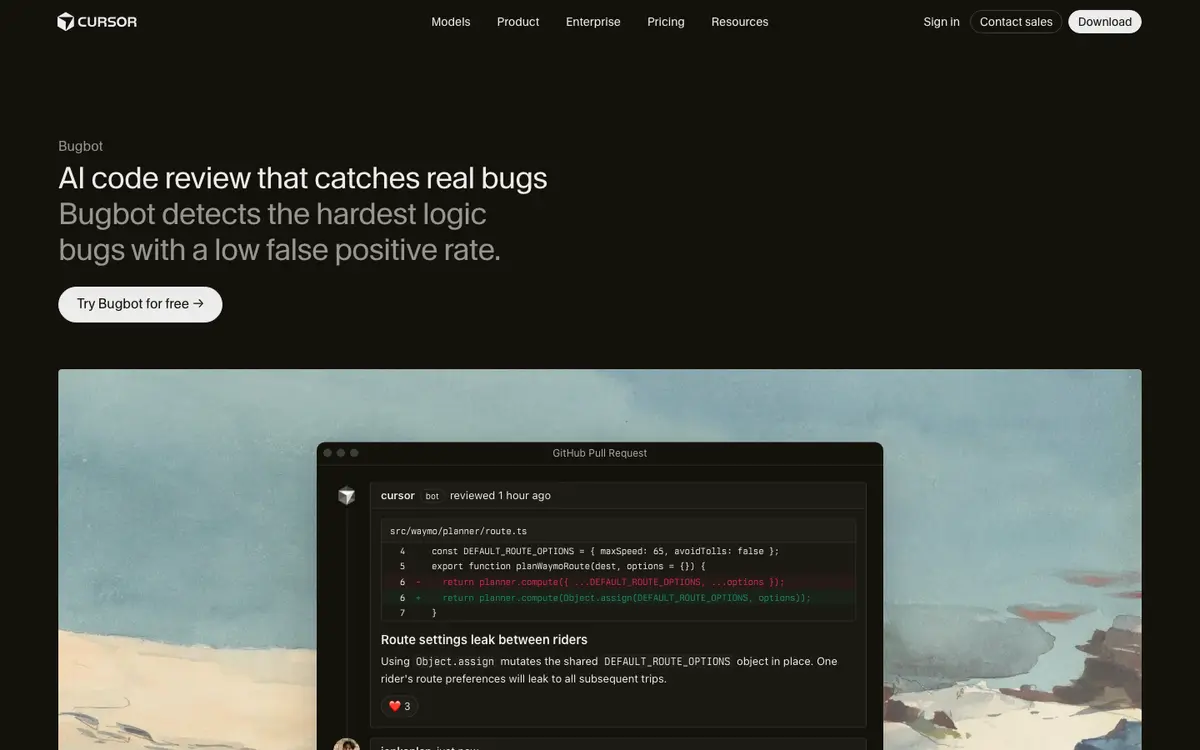 Cursor Bugbot homepage screenshot
