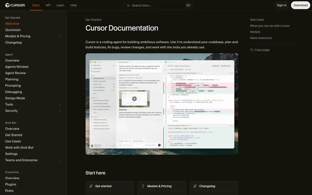 Cursor docs screenshot