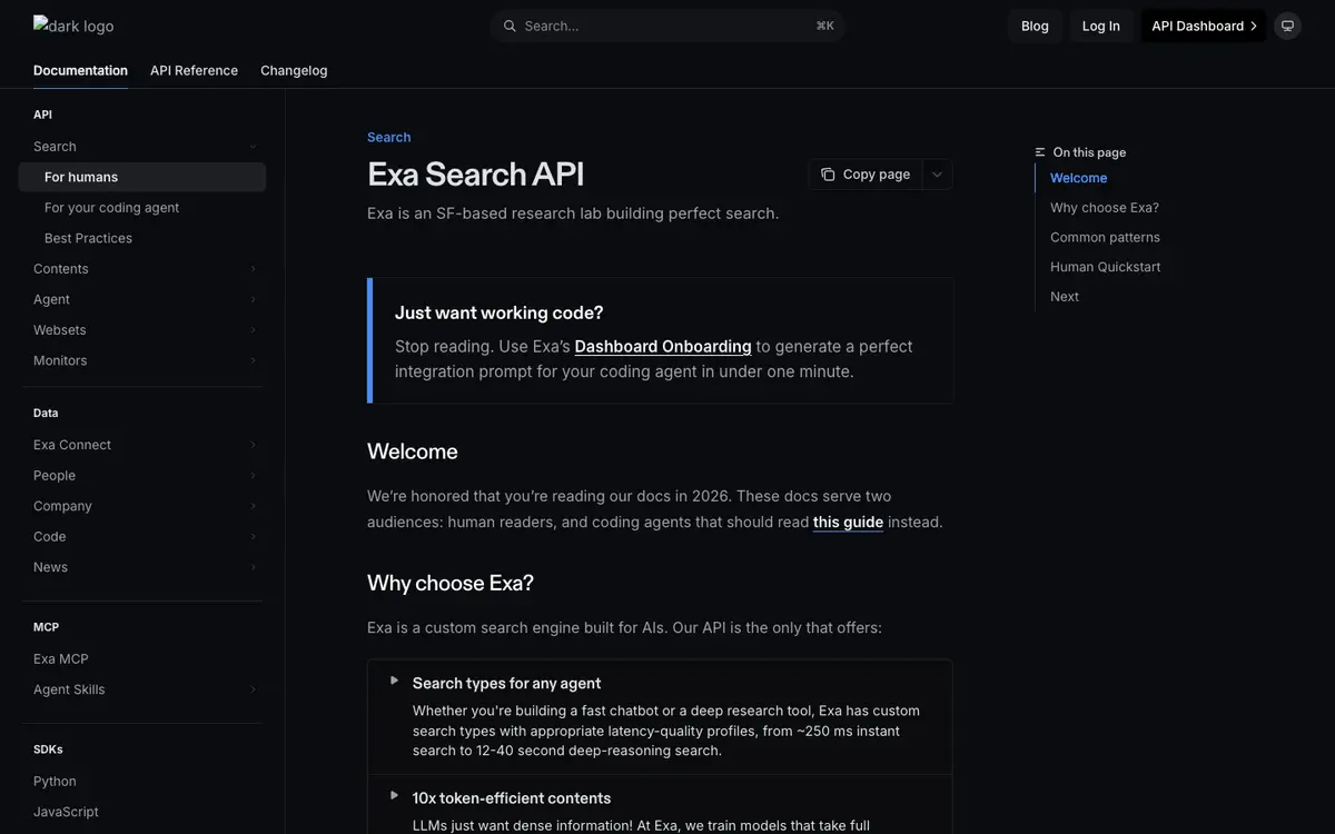 Exa docs screenshot