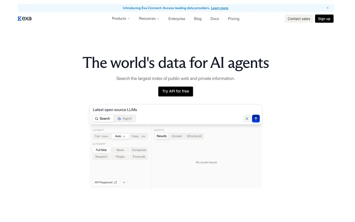 Exa homepage screenshot