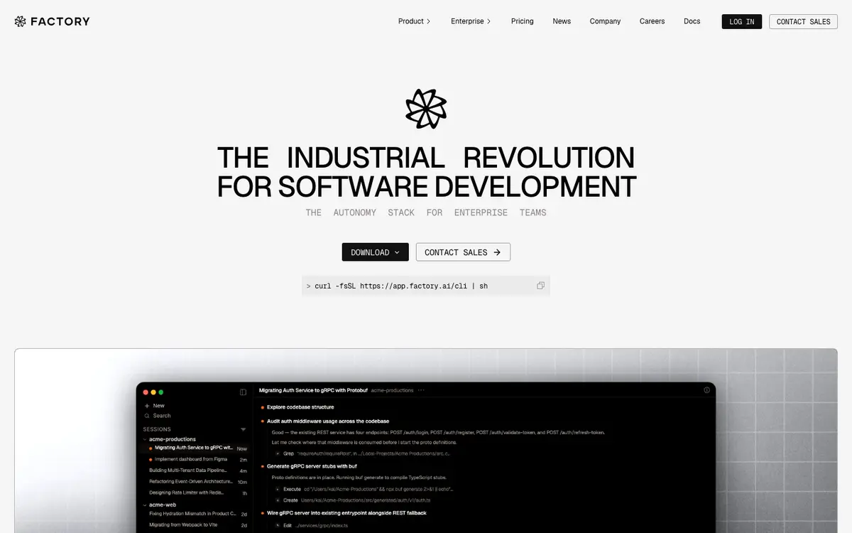 Factory homepage screenshot
