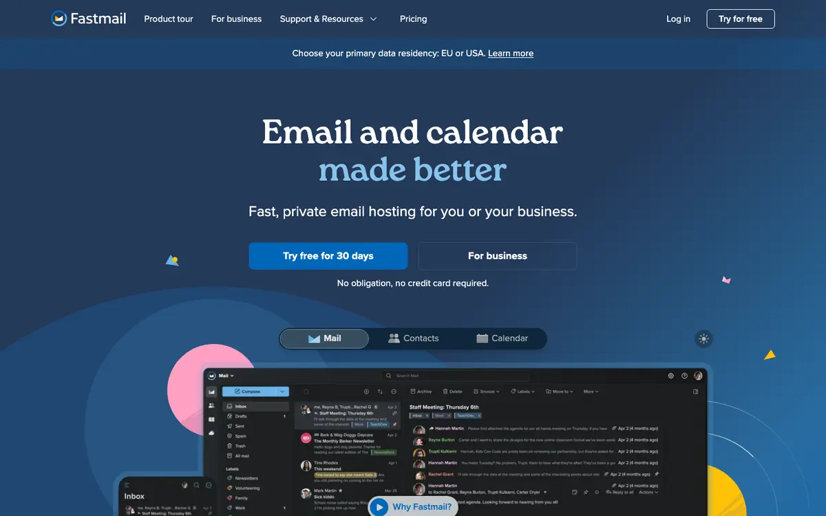 Fastmail homepage screenshot