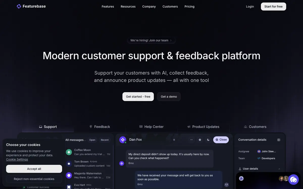 Featurebase homepage screenshot