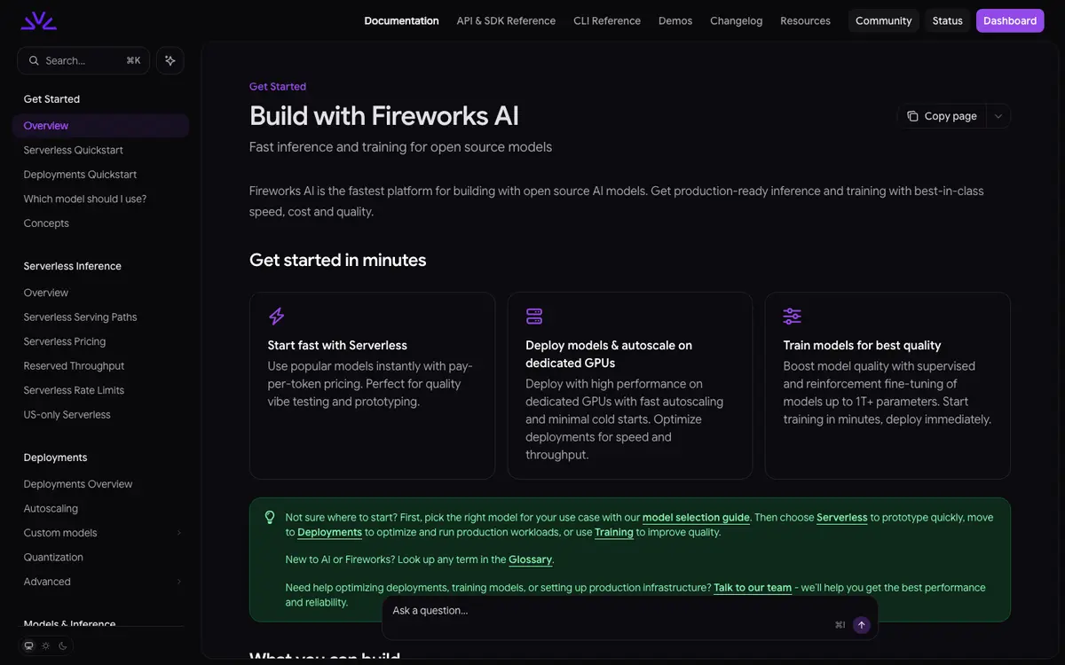 Fireworks AI docs screenshot