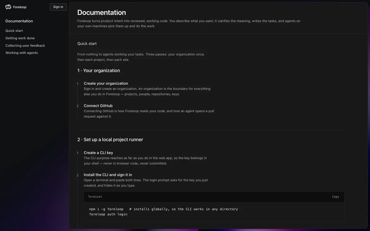 Foreloop docs screenshot