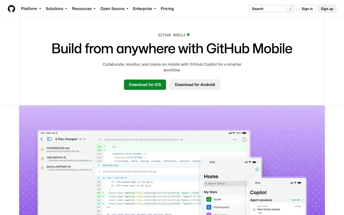 GitHub Mobile homepage screenshot