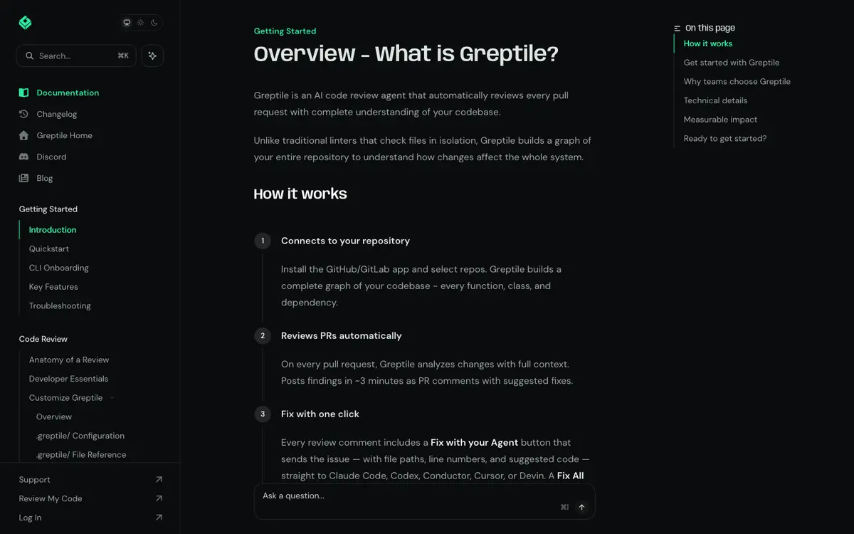 Greptile docs screenshot