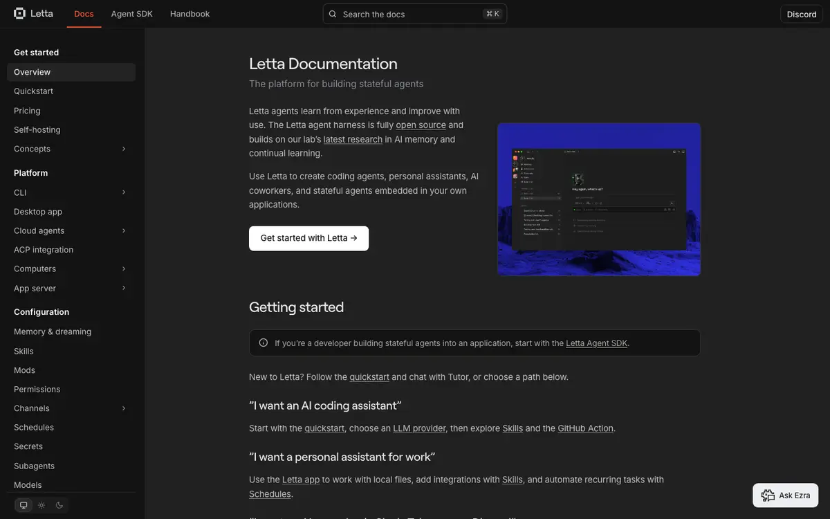 Letta docs screenshot