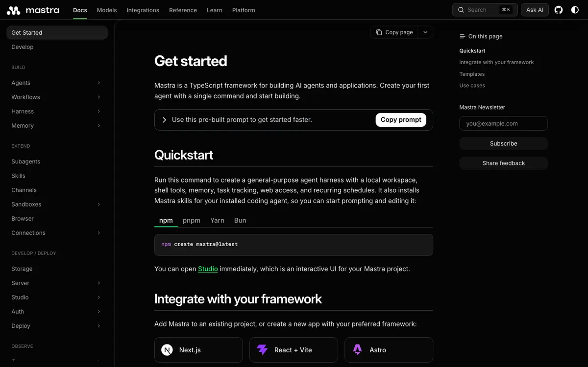 Mastra docs screenshot