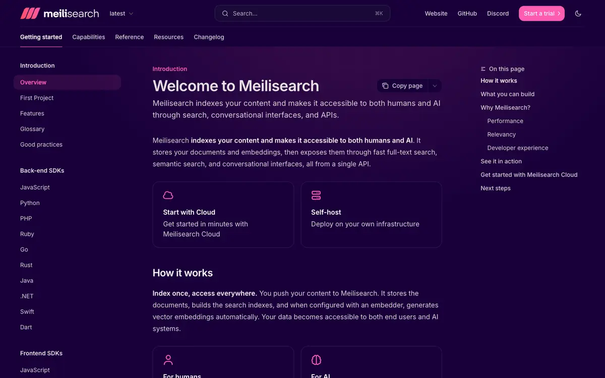 Meilisearch docs screenshot