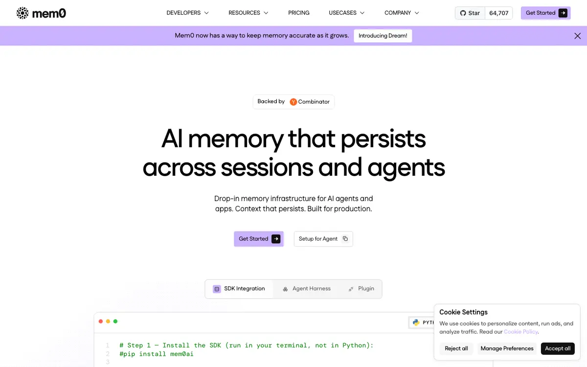 Mem0 homepage screenshot