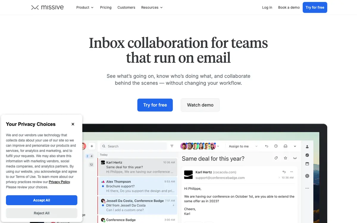 Missive homepage screenshot
