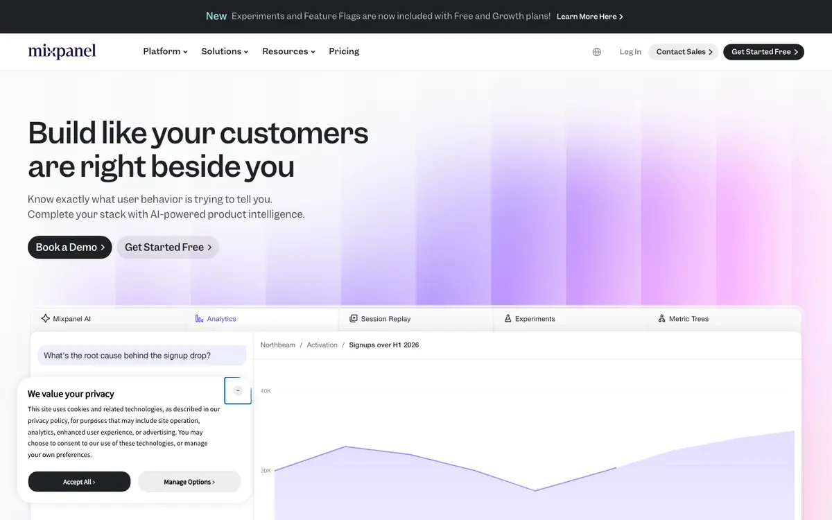 Mixpanel homepage screenshot