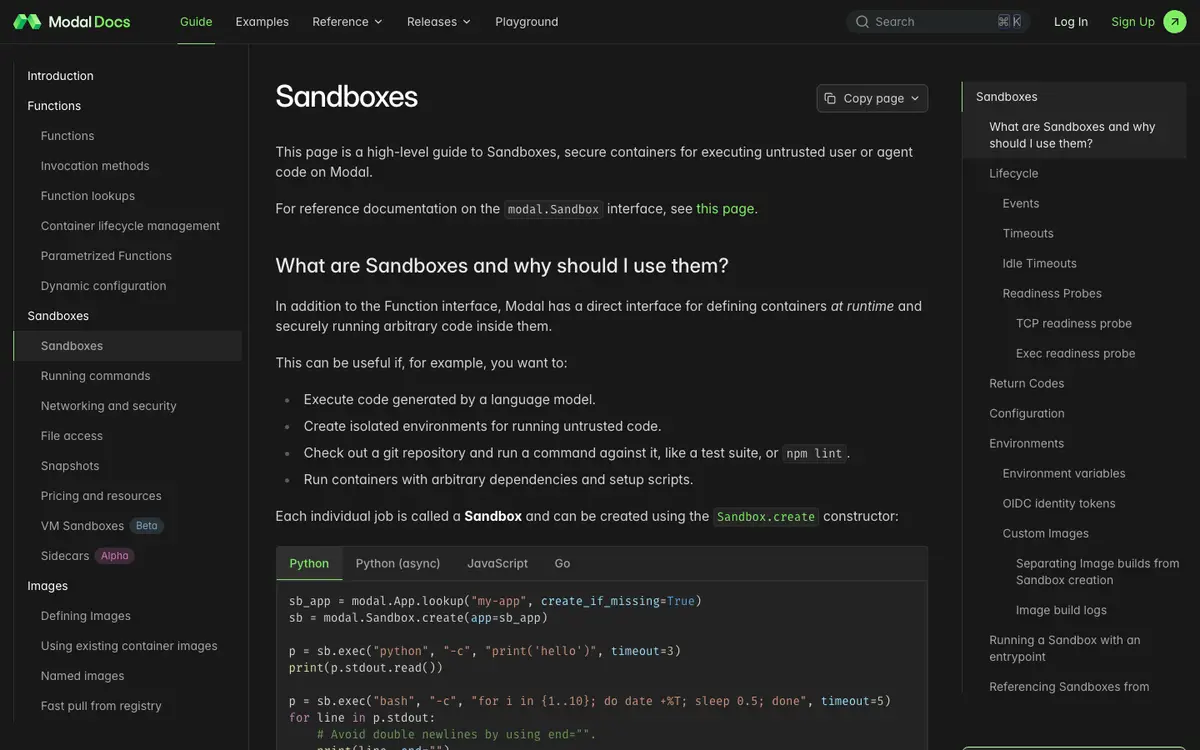 Modal Sandboxes docs screenshot