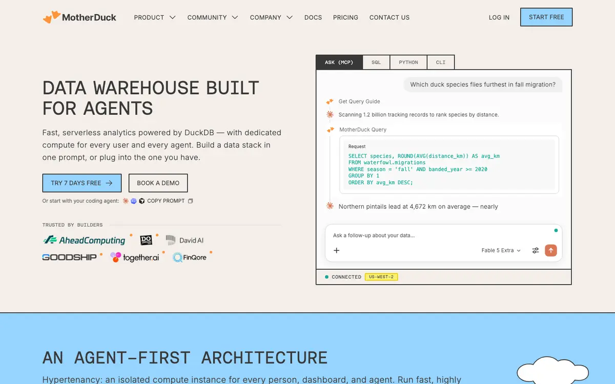 MotherDuck homepage screenshot