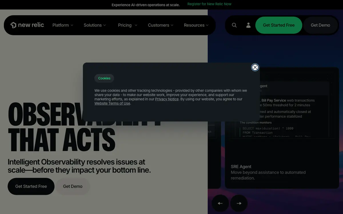 New Relic homepage screenshot