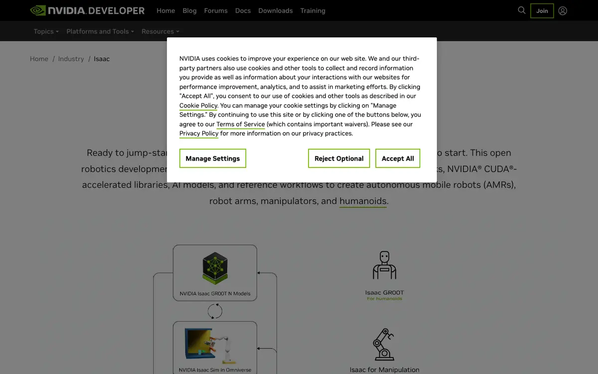 NVIDIA Isaac homepage screenshot