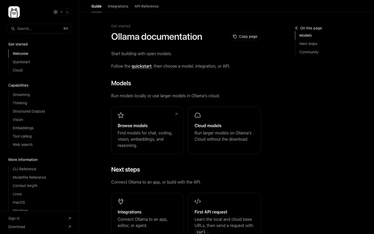 Ollama docs screenshot