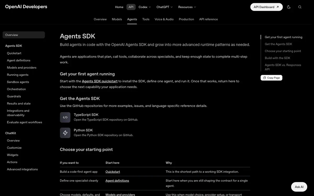 OpenAI Agents SDK docs screenshot