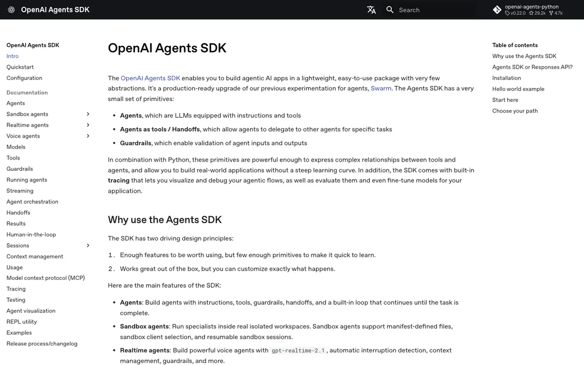 OpenAI Agents SDK homepage screenshot
