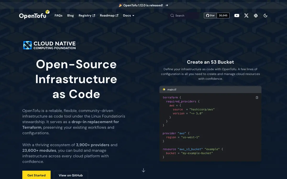 OpenTofu homepage screenshot