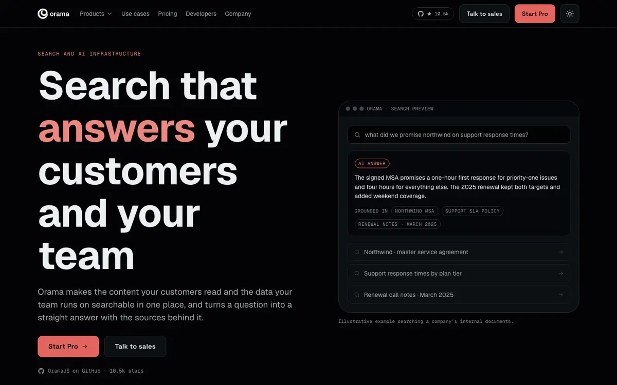 Orama homepage screenshot