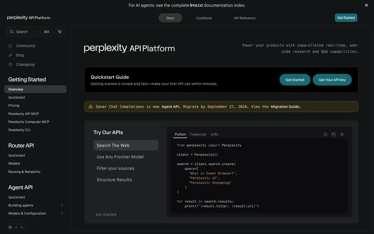 Perplexity Sonar API docs screenshot